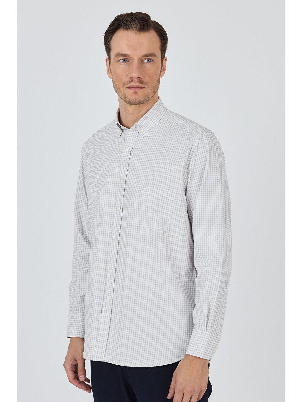 Bej Uzun Kol Kareli Desen Bez Ayağı Düğmeli Yaka Cepli Pamuklu Classic Comfort Fit Gömlek 1004250197-2