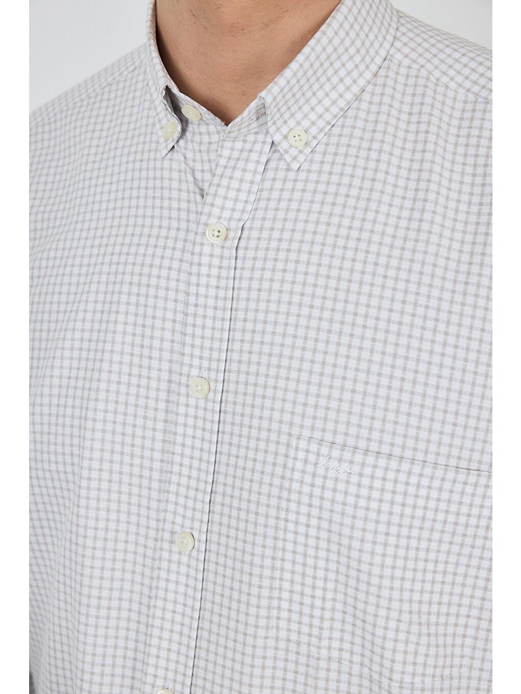 Bej Uzun Kol Kareli Desen Bez Ayağı Düğmeli Yaka Cepli Pamuklu Classic Comfort Fit Gömlek 1004250197-3