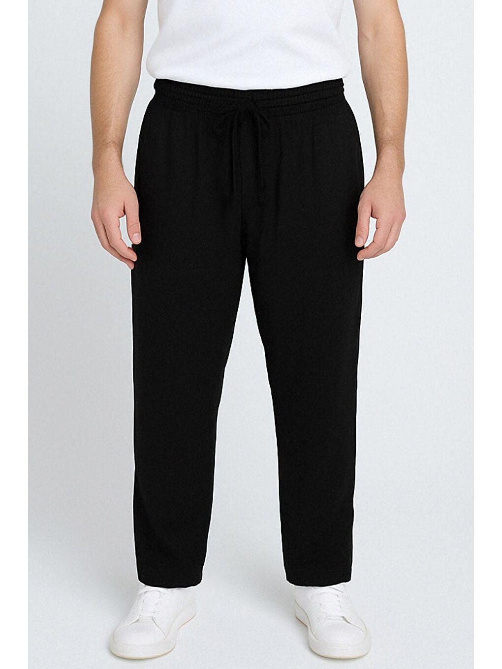 Siyah Erkek Bel Bağlamalı Keten Jogger Pantolon