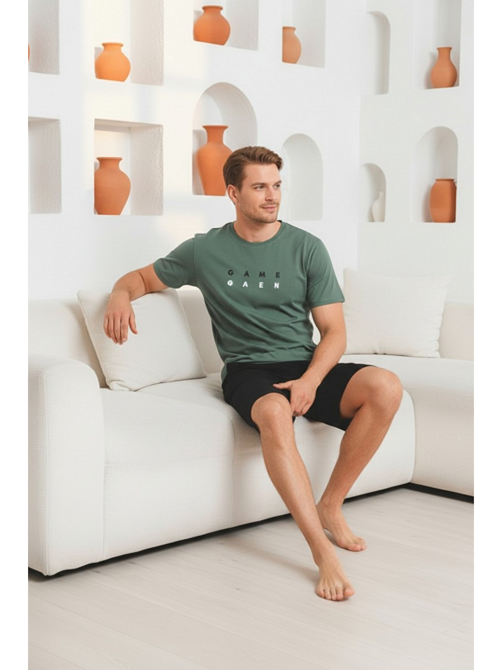 Yeşil %100 Pamuklu Kısa Kollu Cepli Erkek Şortlu Pijama Takımı 2016-1