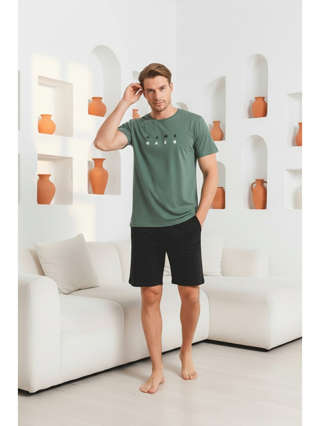 Yeşil %100 Pamuklu Kısa Kollu Cepli Erkek Şortlu Pijama Takımı 2016-3