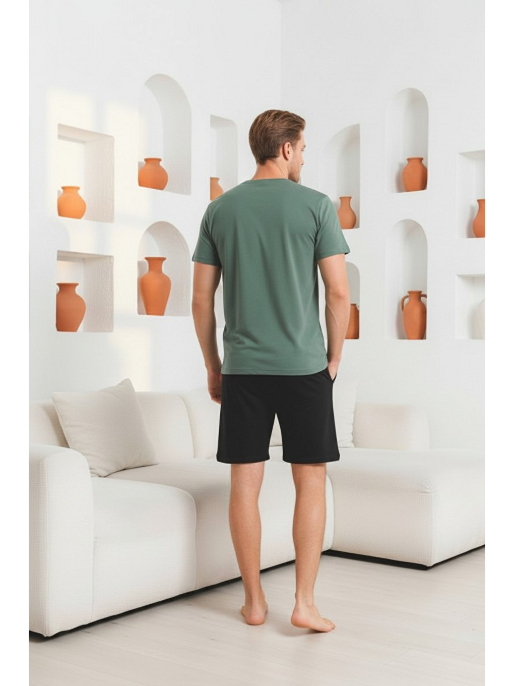 Yeşil %100 Pamuklu Kısa Kollu Cepli Erkek Şortlu Pijama Takımı 2016-4