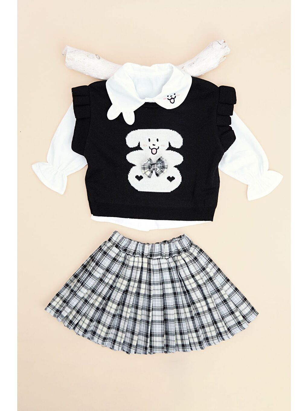 Siyah Ekose Desenli Triko Süveterli Kız Çocuk 3 Lü Takım