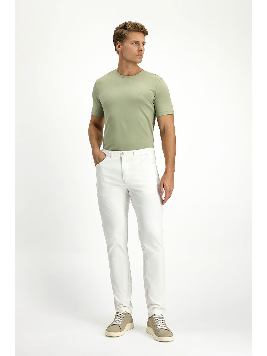 Ekru Slim Fit Dar Kesim Elastanlı Kanvas / Chino Pantolon