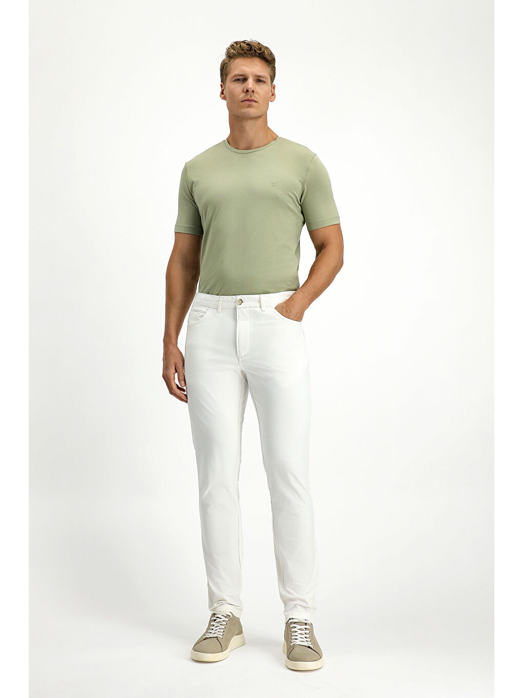Ekru Slim Fit Dar Kesim Elastanlı Kanvas / Chino Pantolon-1