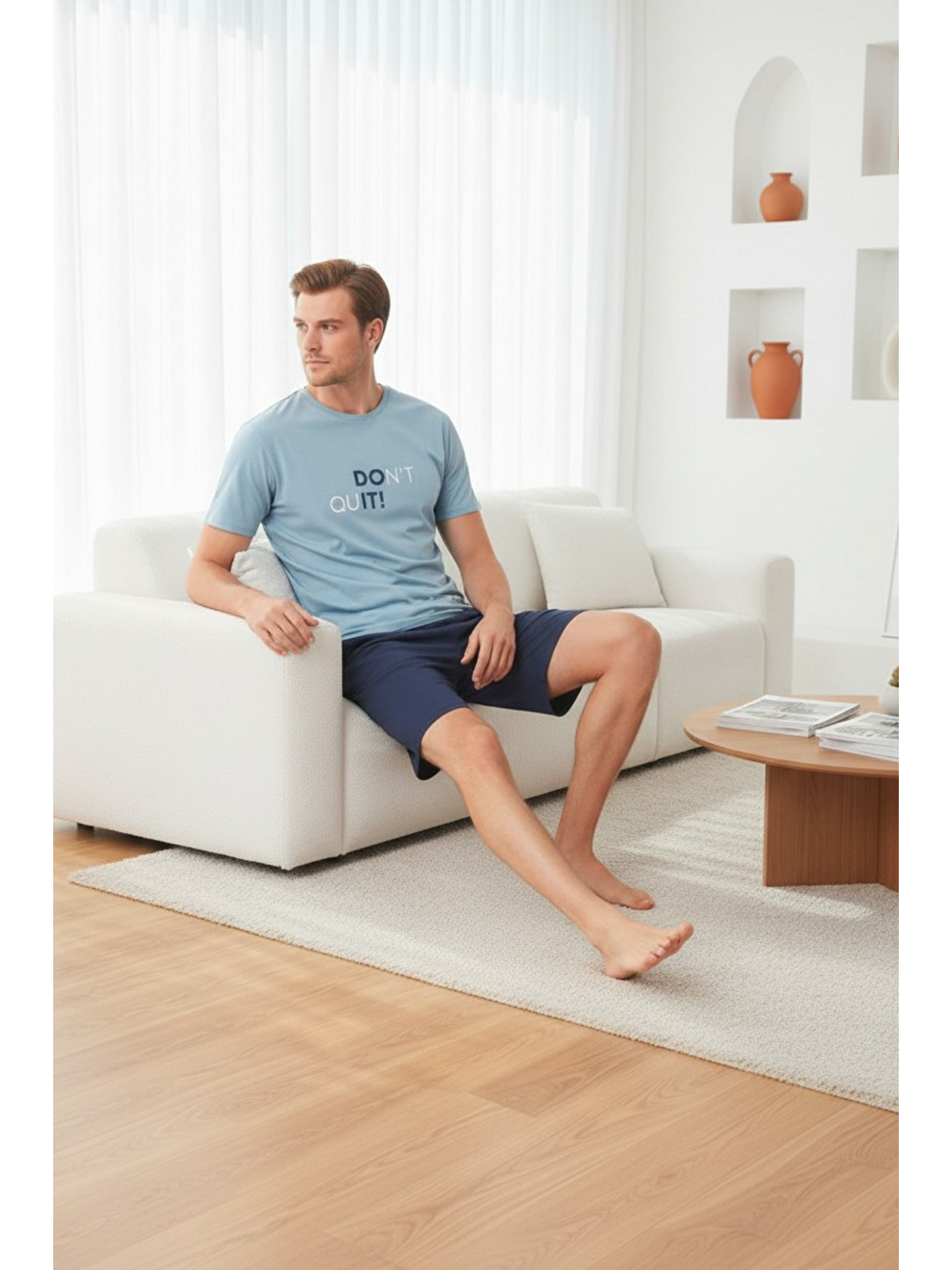 Mavi %100 Pamuklu Kısa Kollu Cepli Erkek Şortlu Pijama Takımı 2016-1