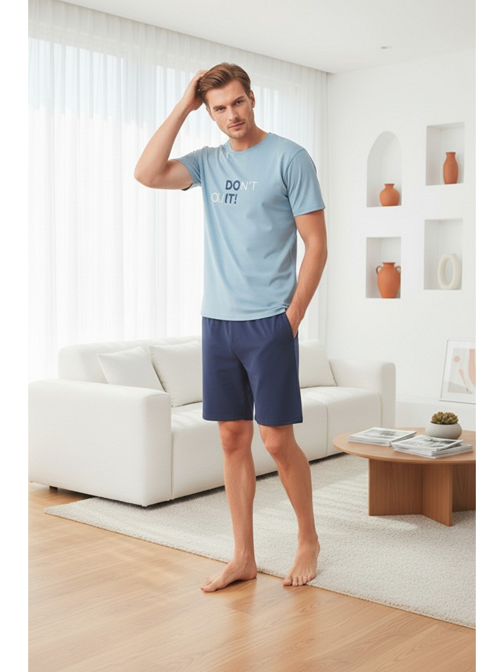Mavi %100 Pamuklu Kısa Kollu Cepli Erkek Şortlu Pijama Takımı 2016-3