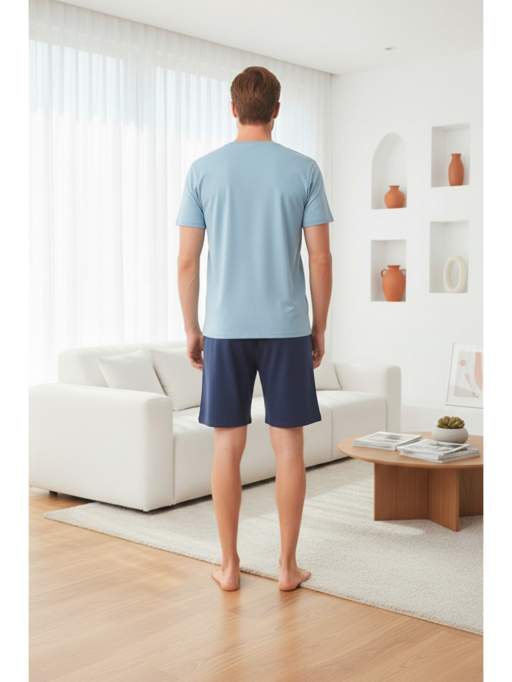 Mavi %100 Pamuklu Kısa Kollu Cepli Erkek Şortlu Pijama Takımı 2016-4