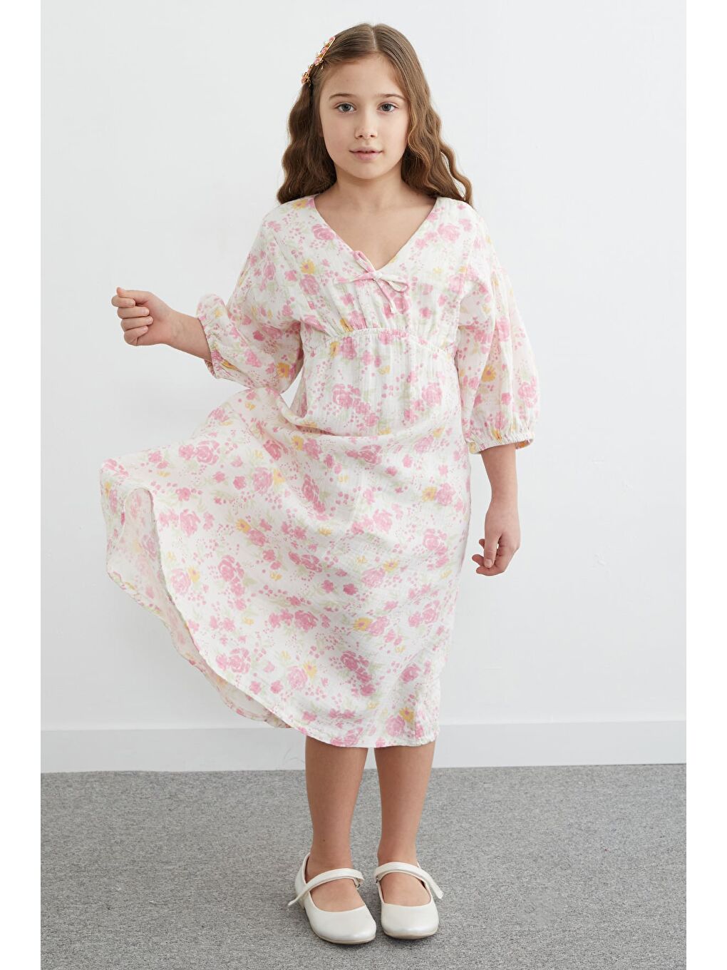 Pembe %100 Pamuk Çiçek Desenli Kız Çocuk Elbise-1