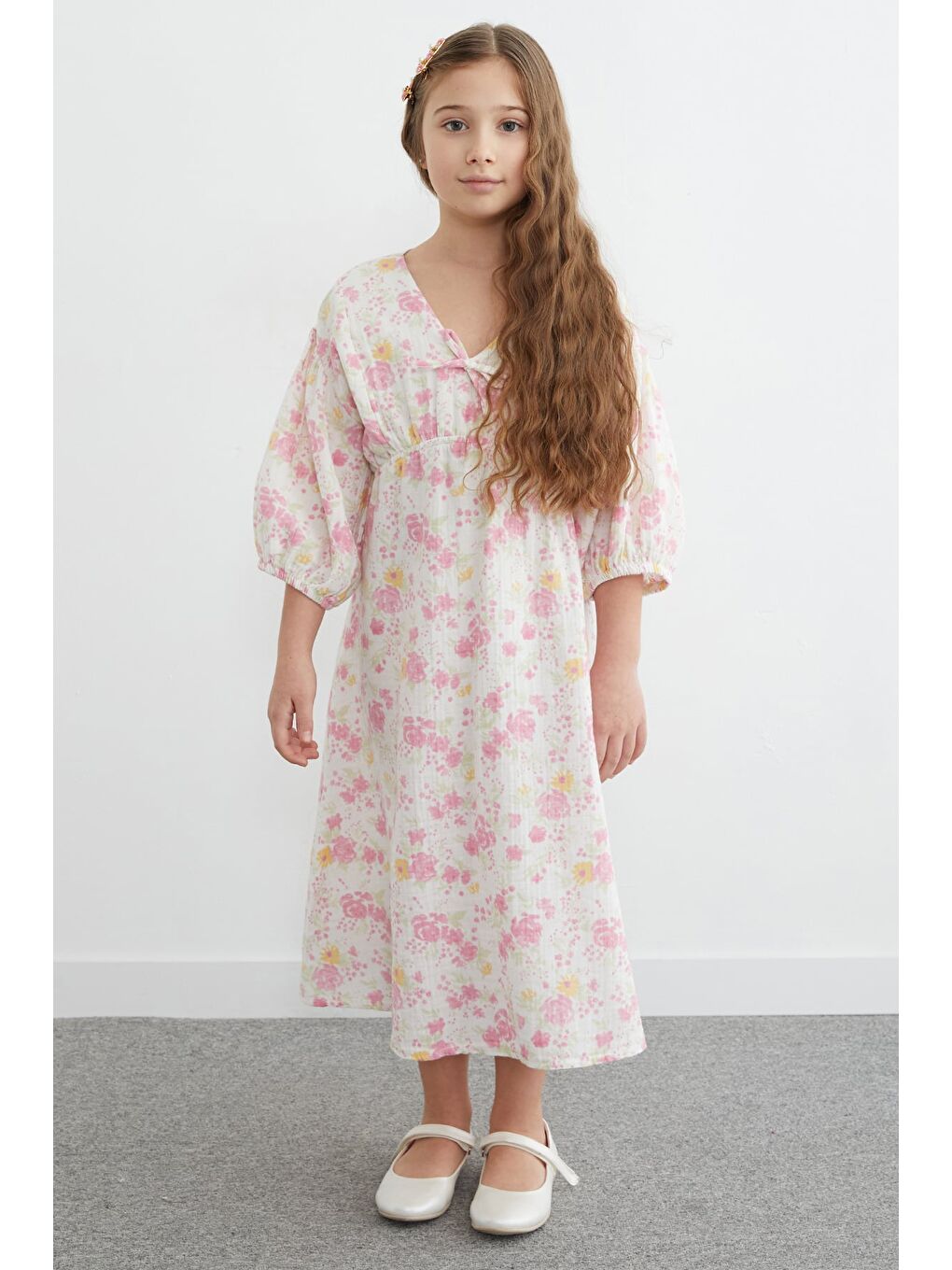 Pembe %100 Pamuk Çiçek Desenli Kız Çocuk Elbise-3