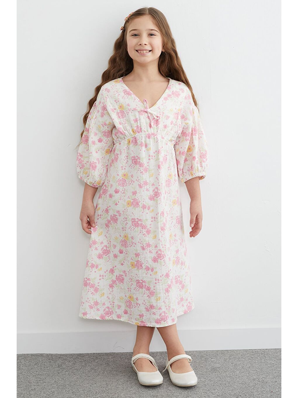 Pembe %100 Pamuk Çiçek Desenli Kız Çocuk Elbise-4