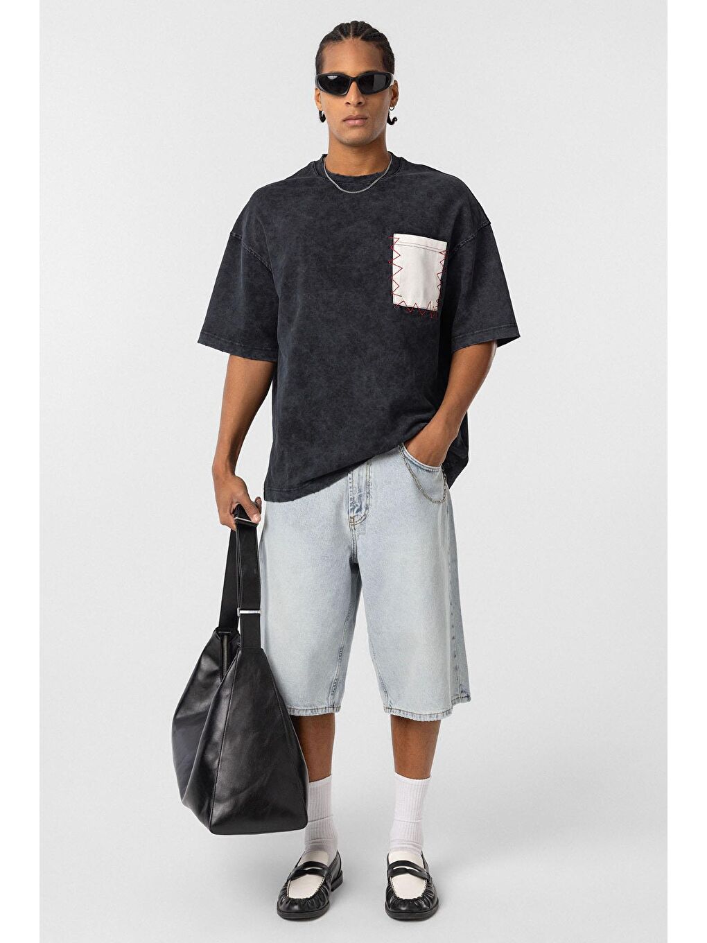 Yıkamalı Cep Detaylı Oversize Tişört Siyah