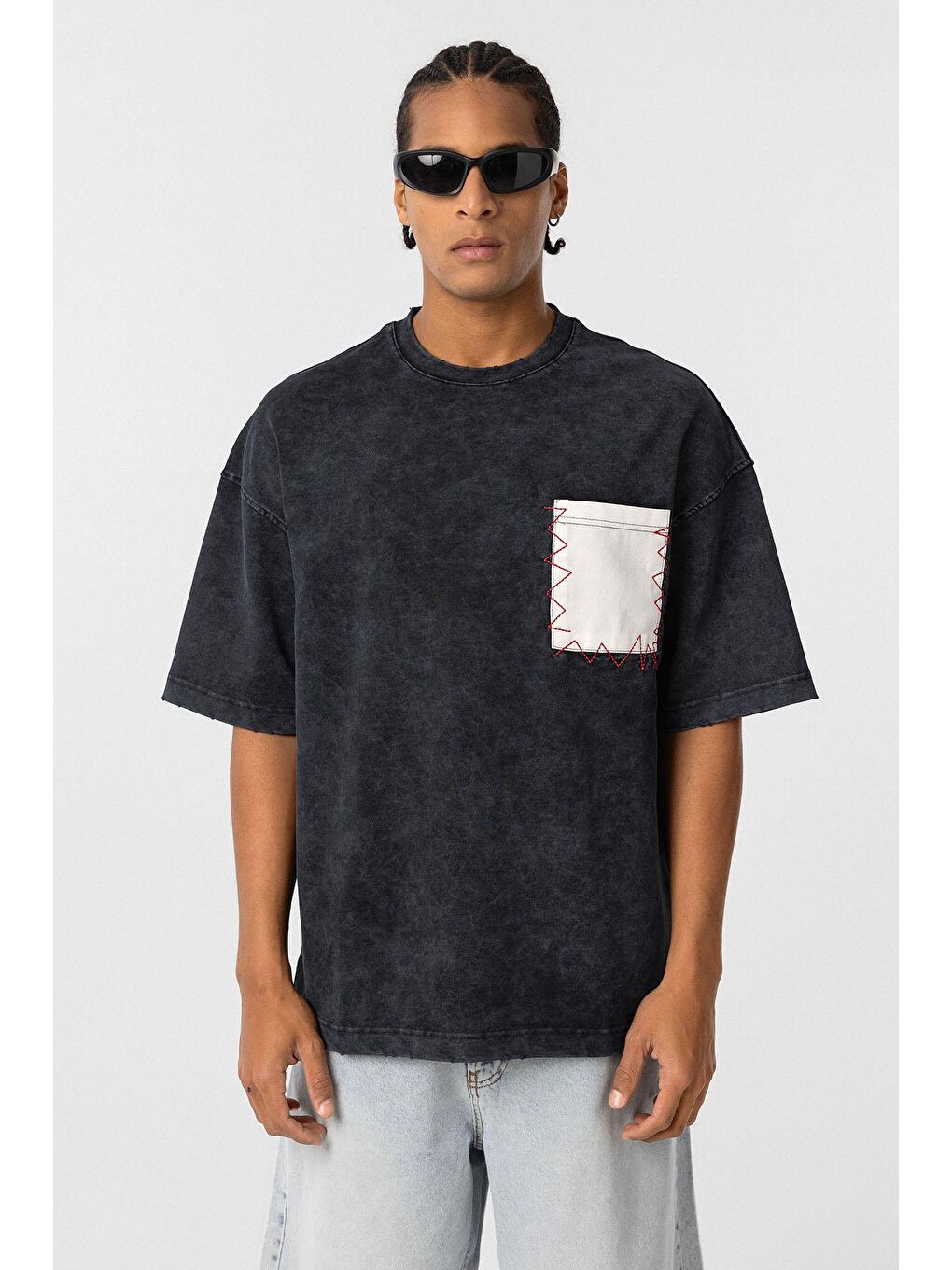 Yıkamalı Cep Detaylı Oversize Tişört Siyah-2