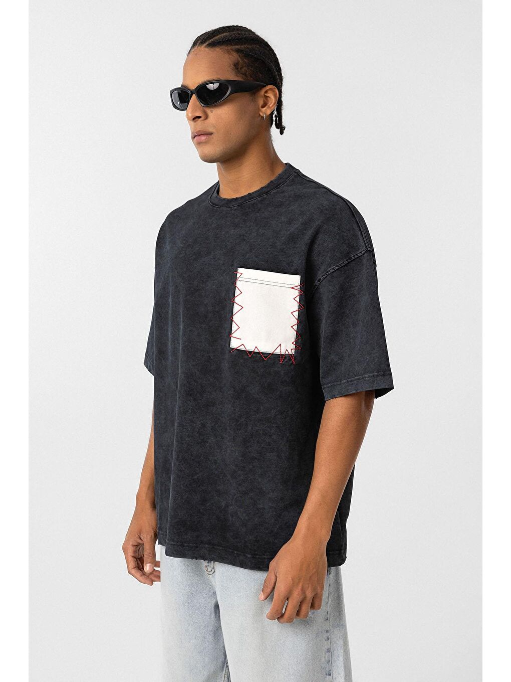 Yıkamalı Cep Detaylı Oversize Tişört Siyah-3
