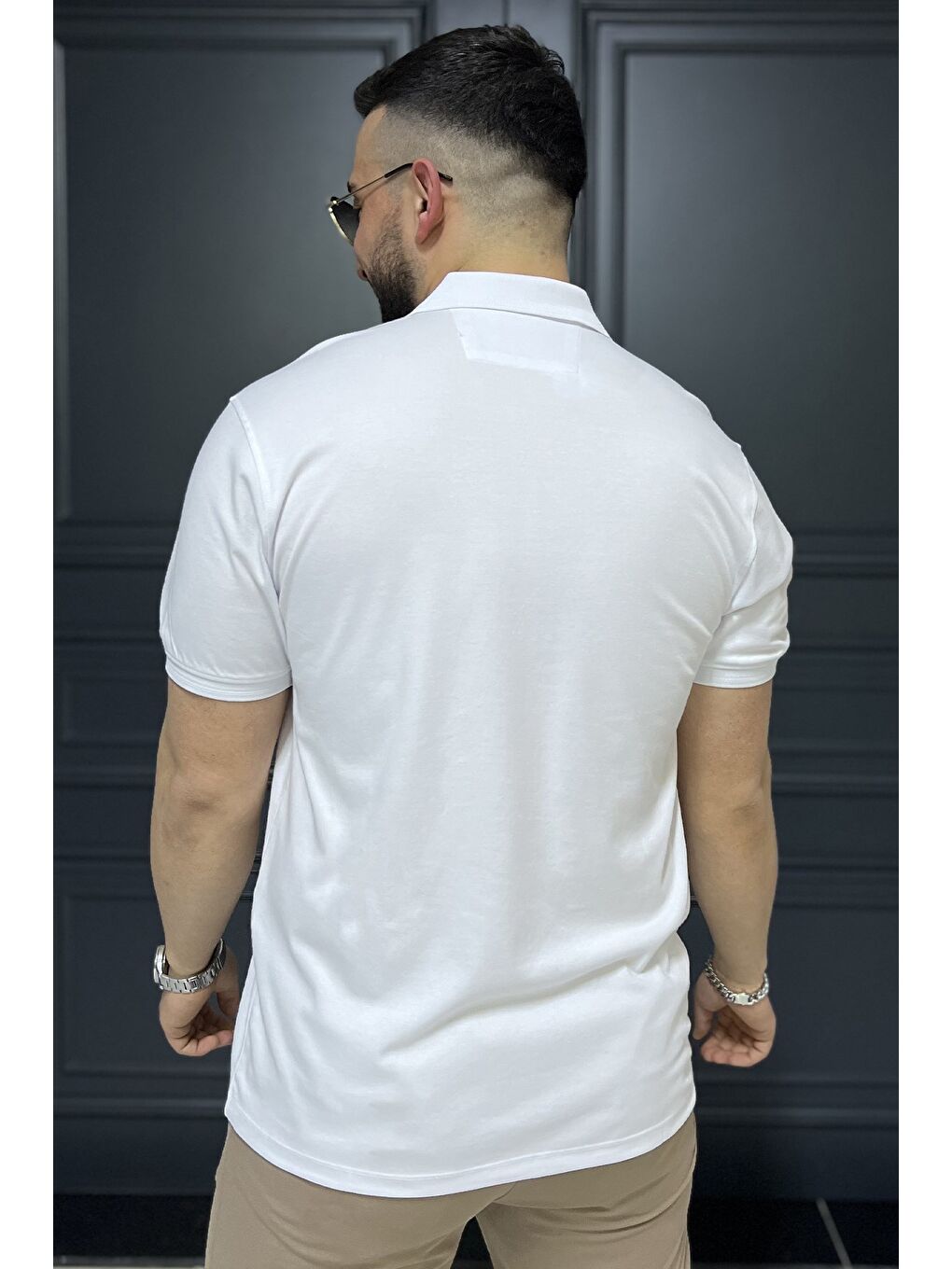Beyaz Yarım Düğmeli Polo Yaka Cepli Erkek Tişört-2