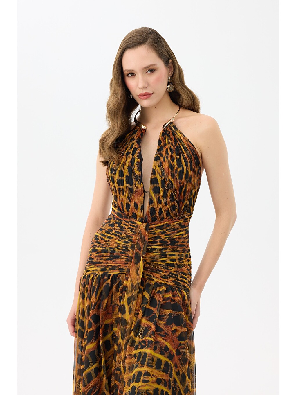 Siyah Aksesuarlı Leopar Desenli Abiye Elbise-3