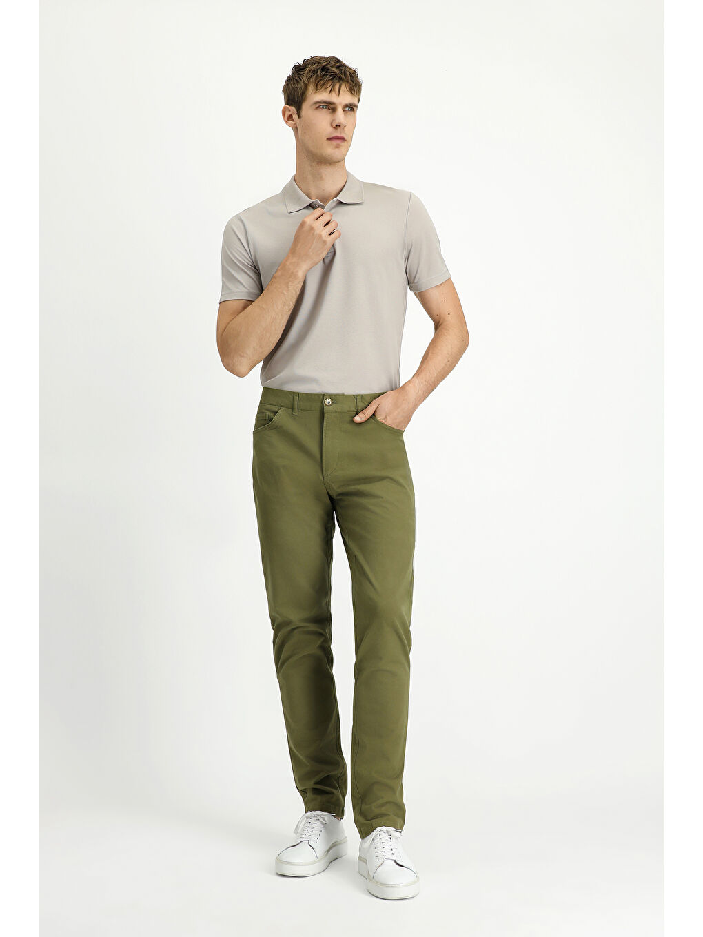 Haki Slim Fit Dar Kesim Elastanlı Kanvas / Chino Pantolon