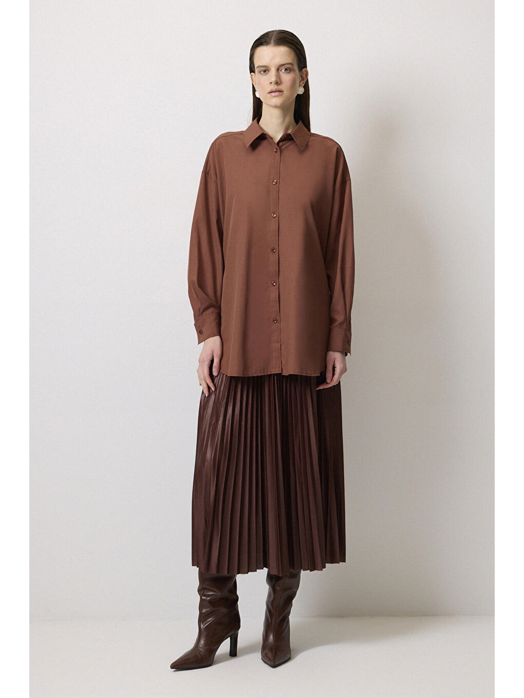 Touche Prive Kahverengi Relax Fit Poplin Gömlek