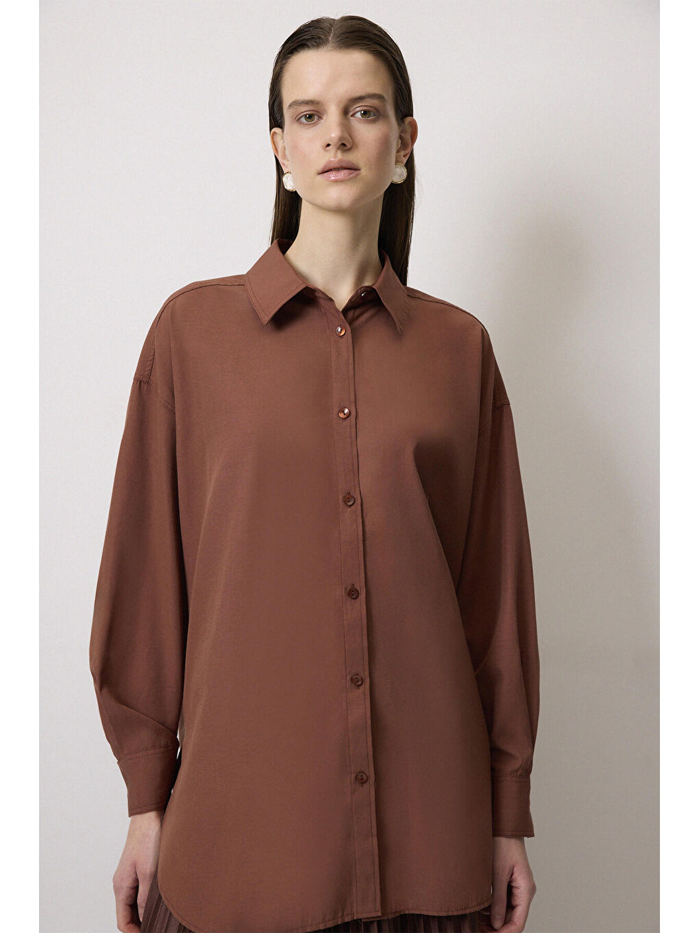 Touche Prive Kahverengi Relax Fit Poplin Gömlek - 1