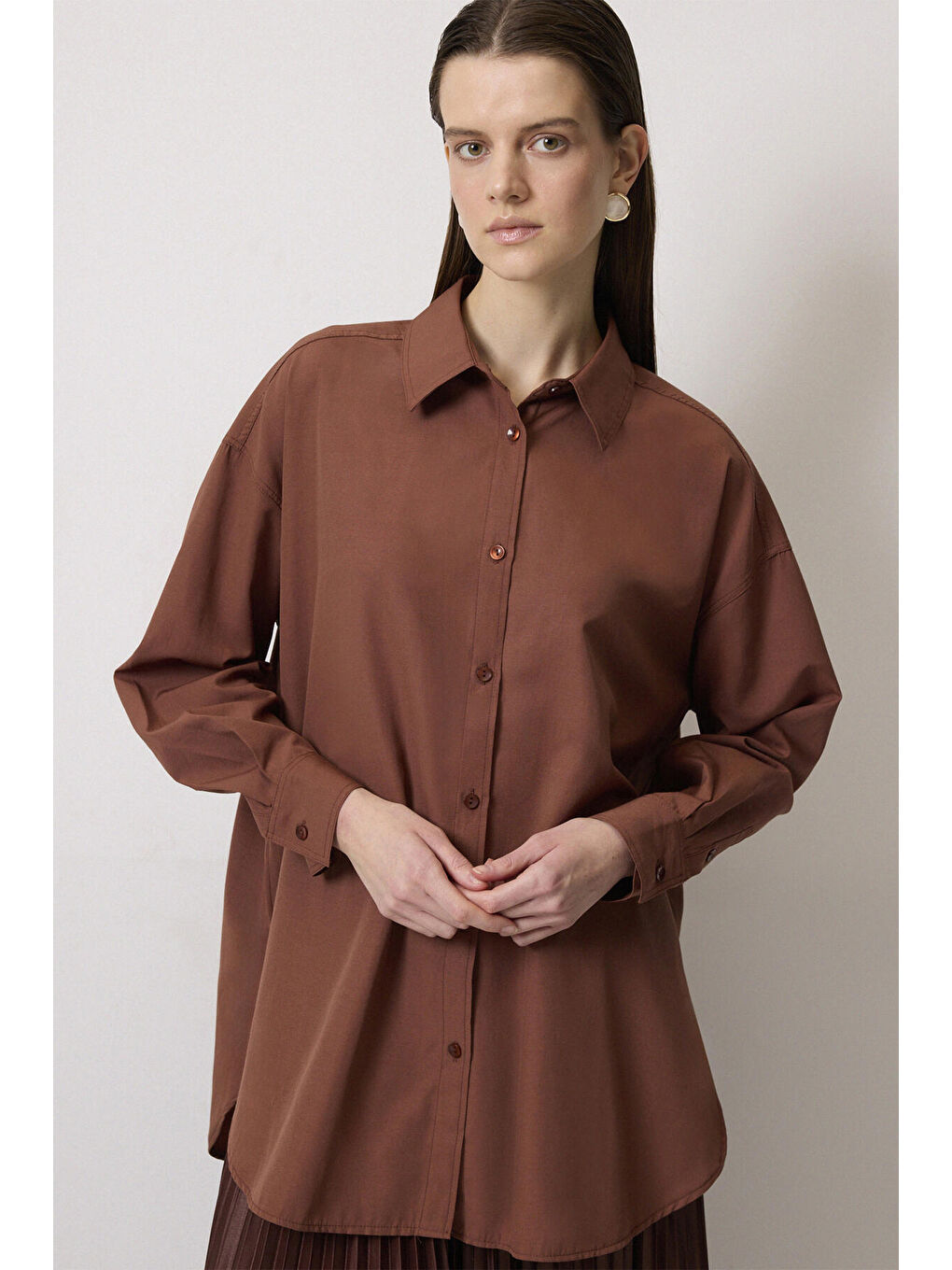 Touche Prive Kahverengi Relax Fit Poplin Gömlek - 2