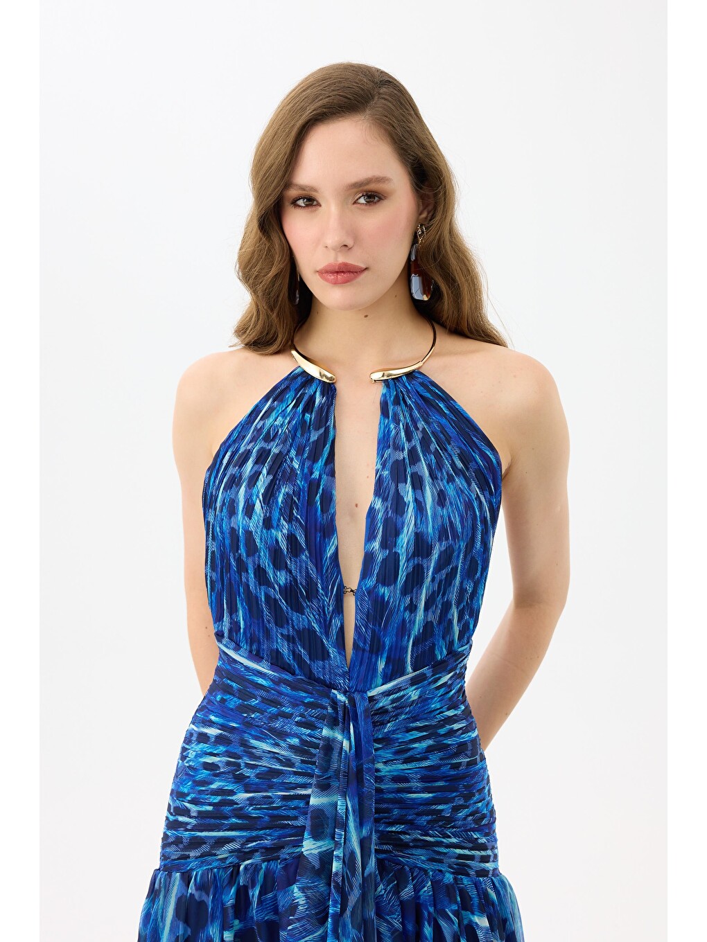 Mavi Saks Aksesuarlı Leopar Desenli Abiye Elbise-1