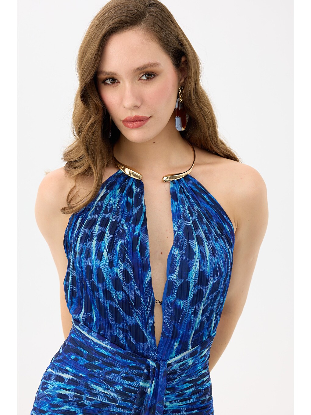 Mavi Saks Aksesuarlı Leopar Desenli Abiye Elbise-6