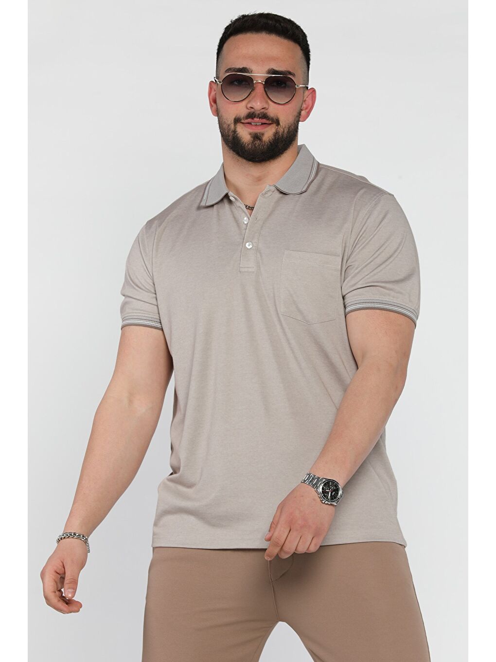 Bej Yarım Düğmeli Polo Yaka Cepli Erkek Tişört