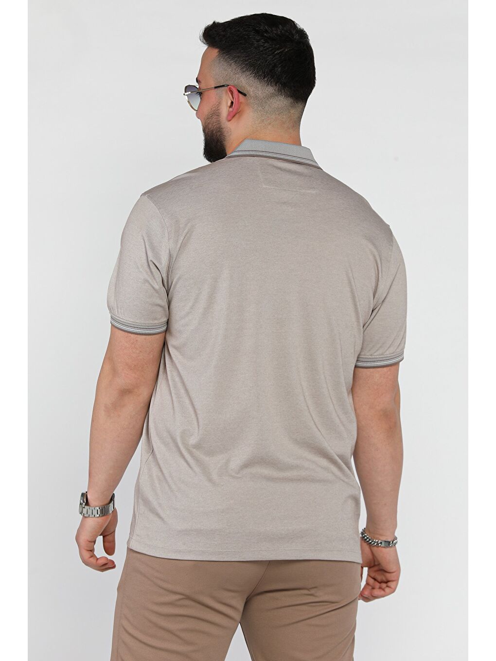 Bej Yarım Düğmeli Polo Yaka Cepli Erkek Tişört-2