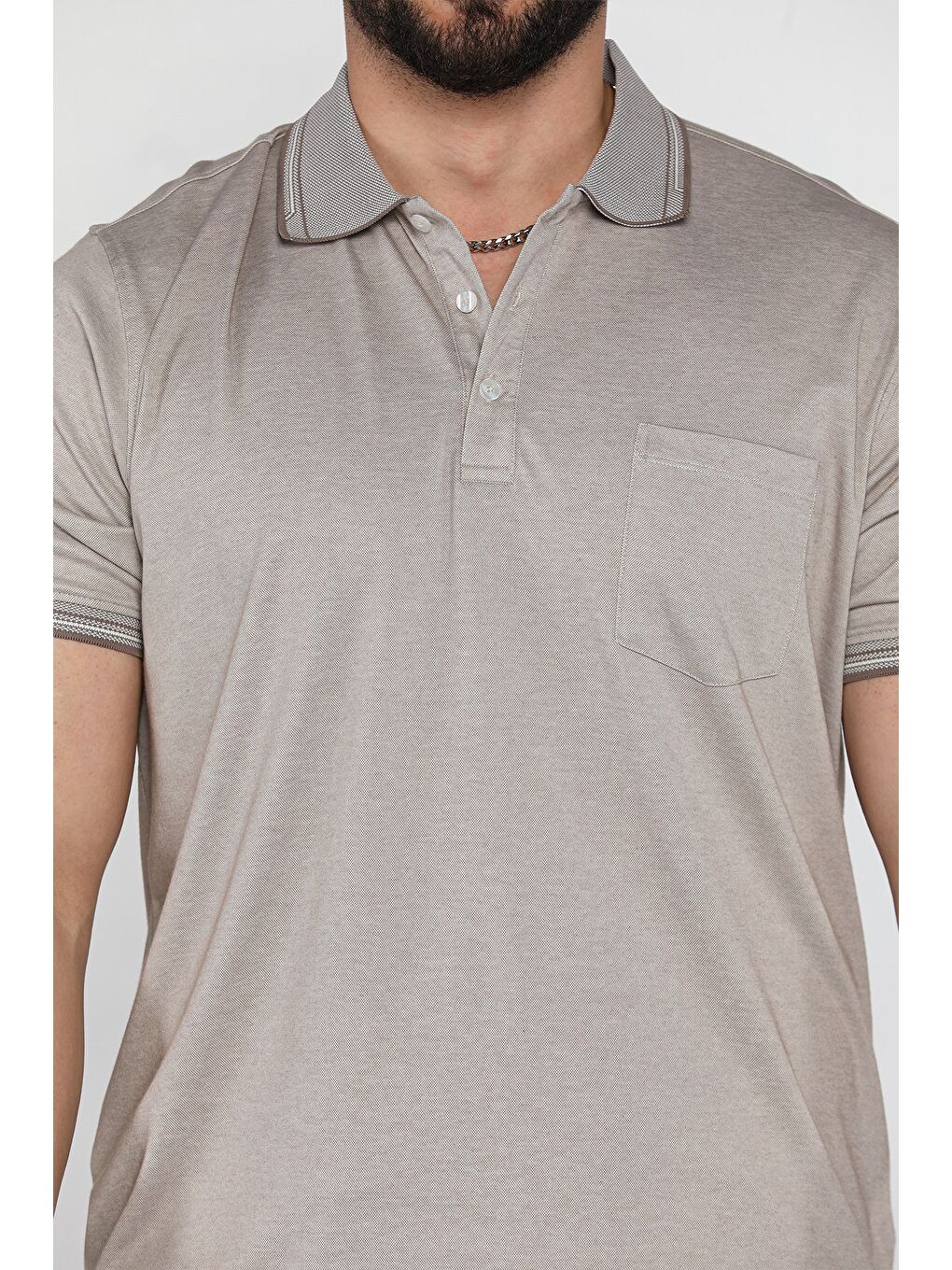 Bej Yarım Düğmeli Polo Yaka Cepli Erkek Tişört-3