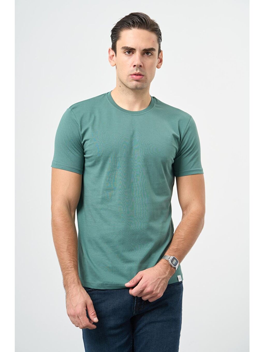 Haki Kısa Kol Düz Bez Ayağı Bisiklet Yaka Casual Slim Fit %100 Pamuk Tişört 1011245193