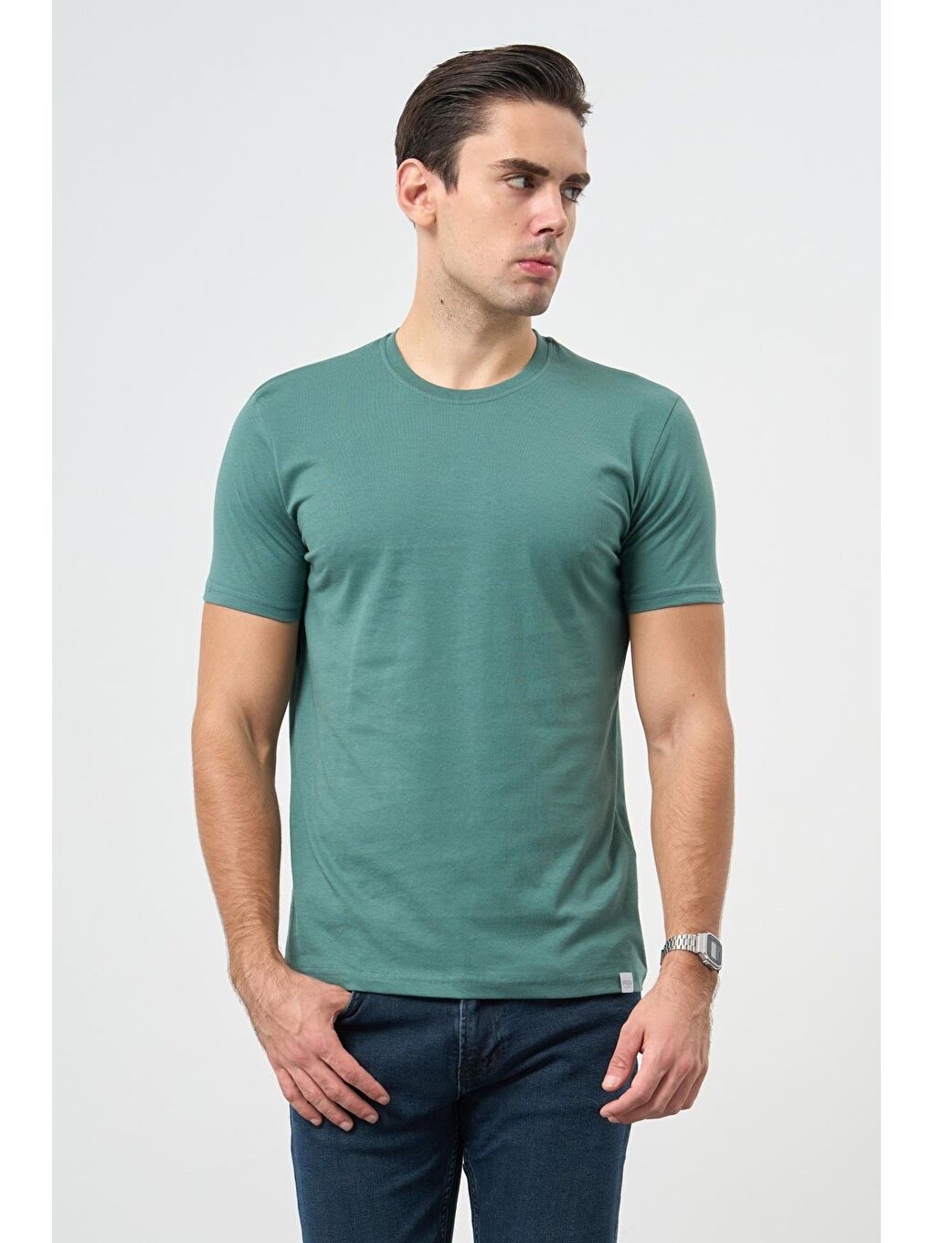 Haki Kısa Kol Düz Bez Ayağı Bisiklet Yaka Casual Slim Fit %100 Pamuk Tişört 1011245193-2