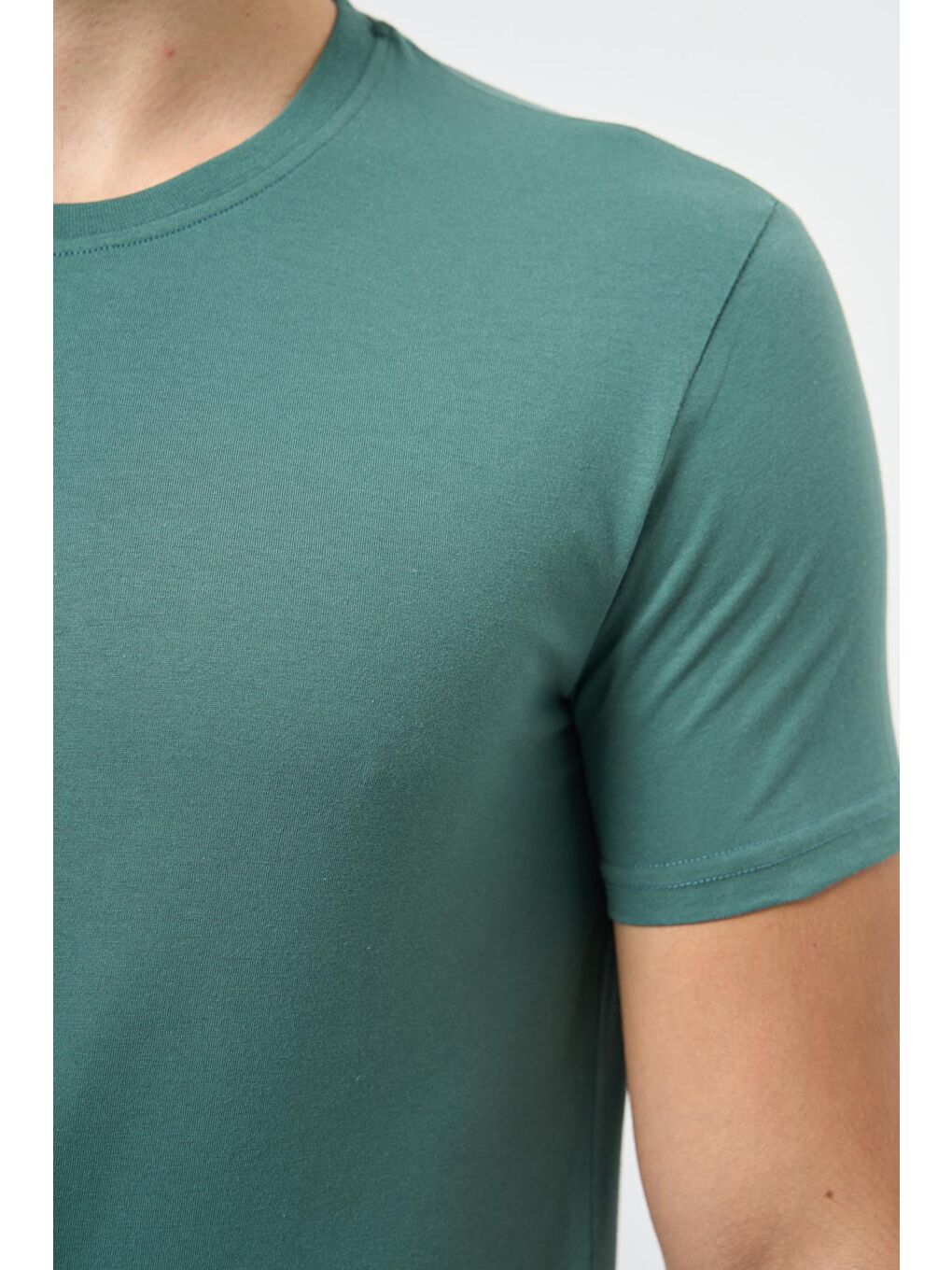 Haki Kısa Kol Düz Bez Ayağı Bisiklet Yaka Casual Slim Fit %100 Pamuk Tişört 1011245193-3