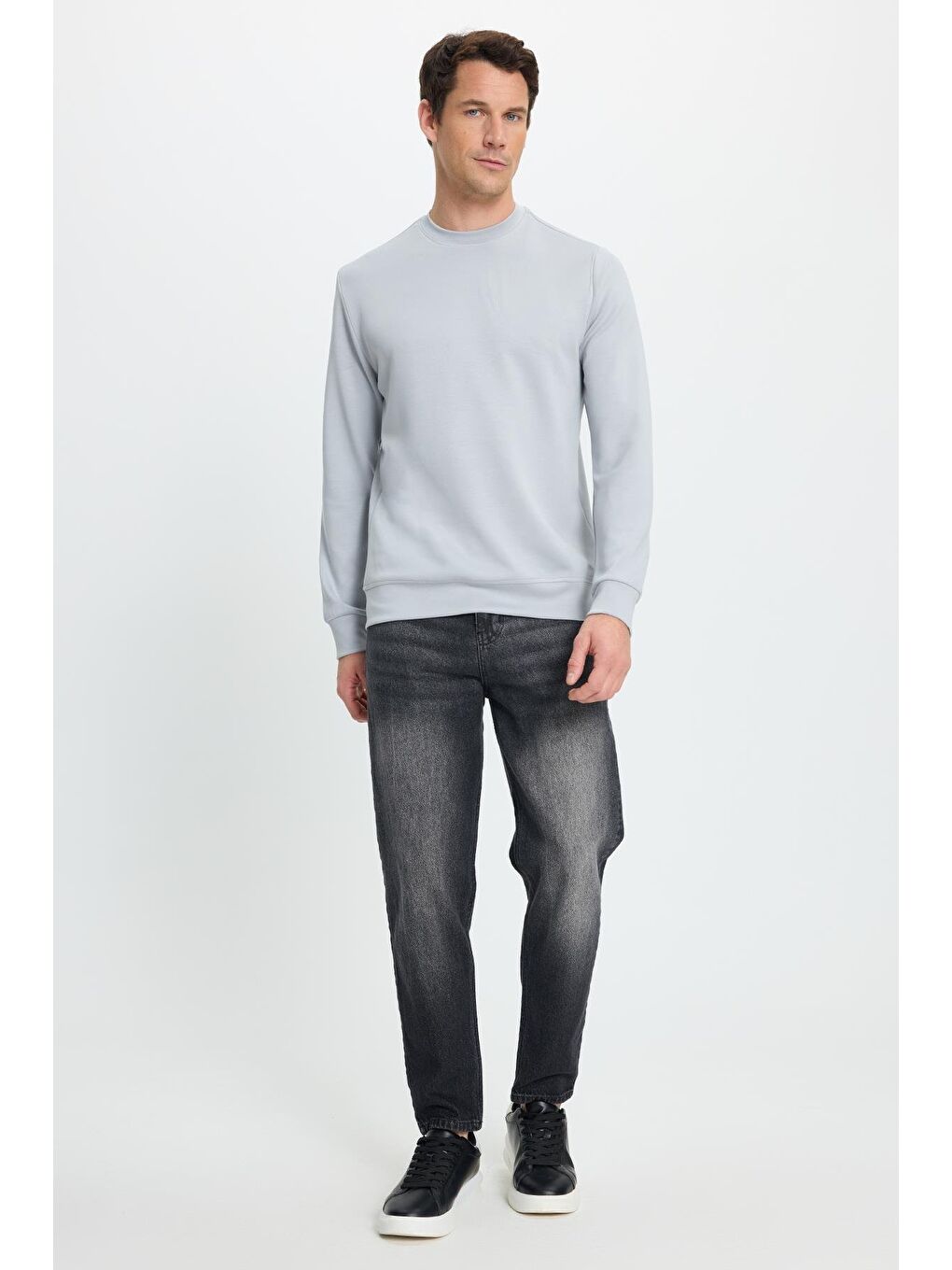 Erkek Standart Fit Normal Kesim Uzun Kollu Ekstra Soft Modal Kumaş Bisiklet Yaka Gri Sweatshirt-4