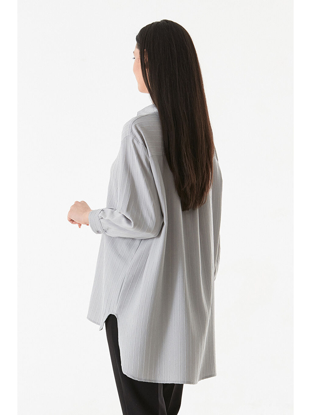 Gri Çizgili Arkası Uzun Salaş Gömlek-4