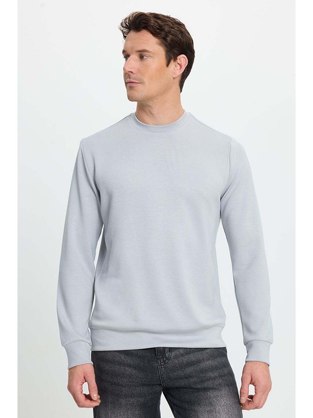 Erkek Standart Fit Normal Kesim Uzun Kollu Ekstra Soft Modal Kumaş Bisiklet Yaka Gri Sweatshirt-5