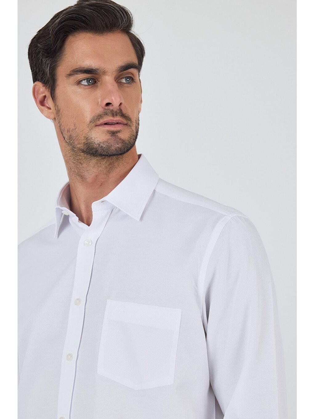Beyaz Uzun Kol Desenli Armürlü Sert Yaka Cepsiz Pamuklu Classic Comfort Fit Gömlek 1004250209-3