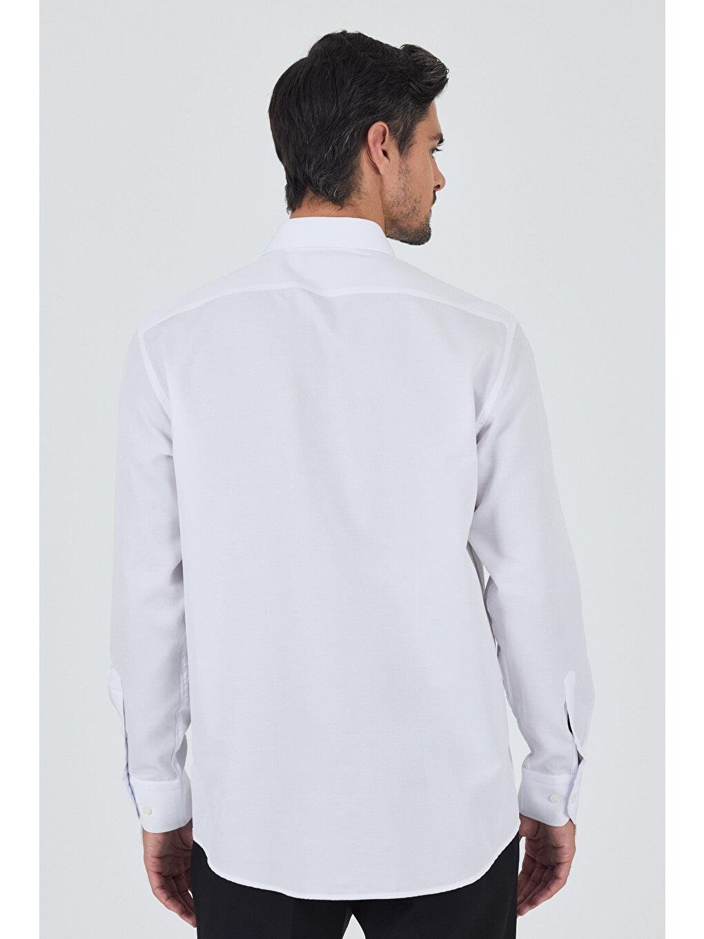 Beyaz Uzun Kol Desenli Armürlü Sert Yaka Cepsiz Pamuklu Classic Comfort Fit Gömlek 1004250209-4