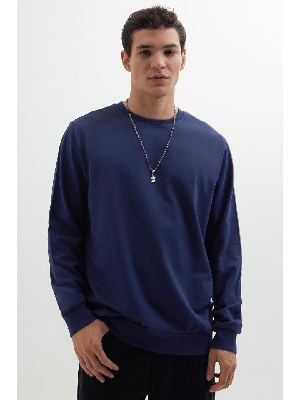 Karışık Erkek 3'Lü Lacivert-Gri-Kahverengi Relax Fit Rahat Kesim %100 Pamuk 2 İplik Bisiklet Yaka Sweatshirt-1