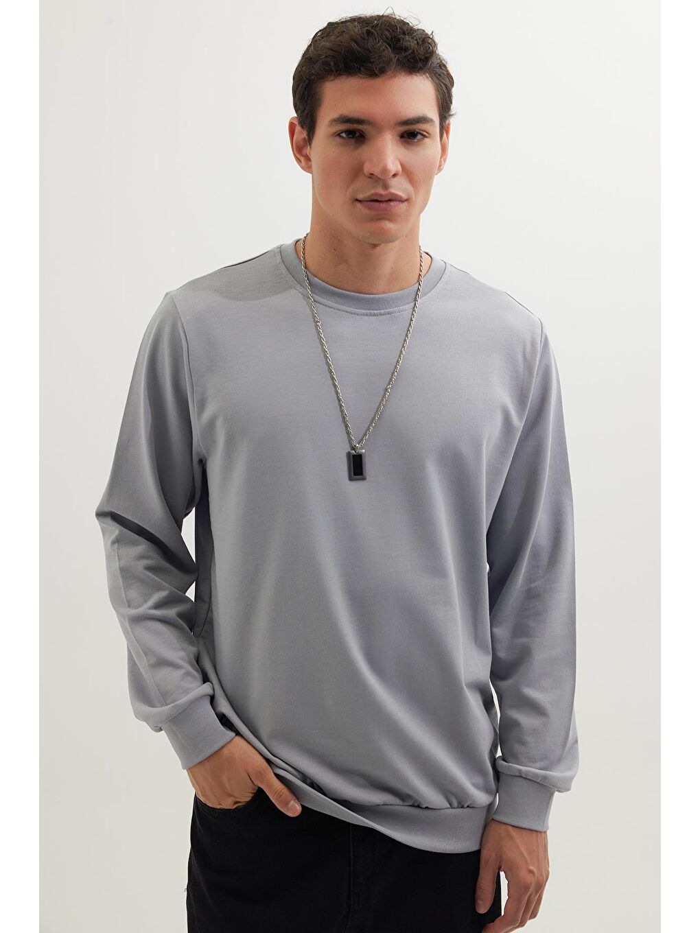 Karışık Erkek 3'Lü Lacivert-Gri-Kahverengi Relax Fit Rahat Kesim %100 Pamuk 2 İplik Bisiklet Yaka Sweatshirt-2