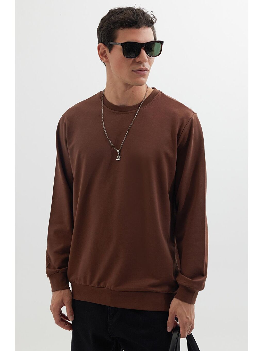 Karışık Erkek 3'Lü Lacivert-Gri-Kahverengi Relax Fit Rahat Kesim %100 Pamuk 2 İplik Bisiklet Yaka Sweatshirt-3