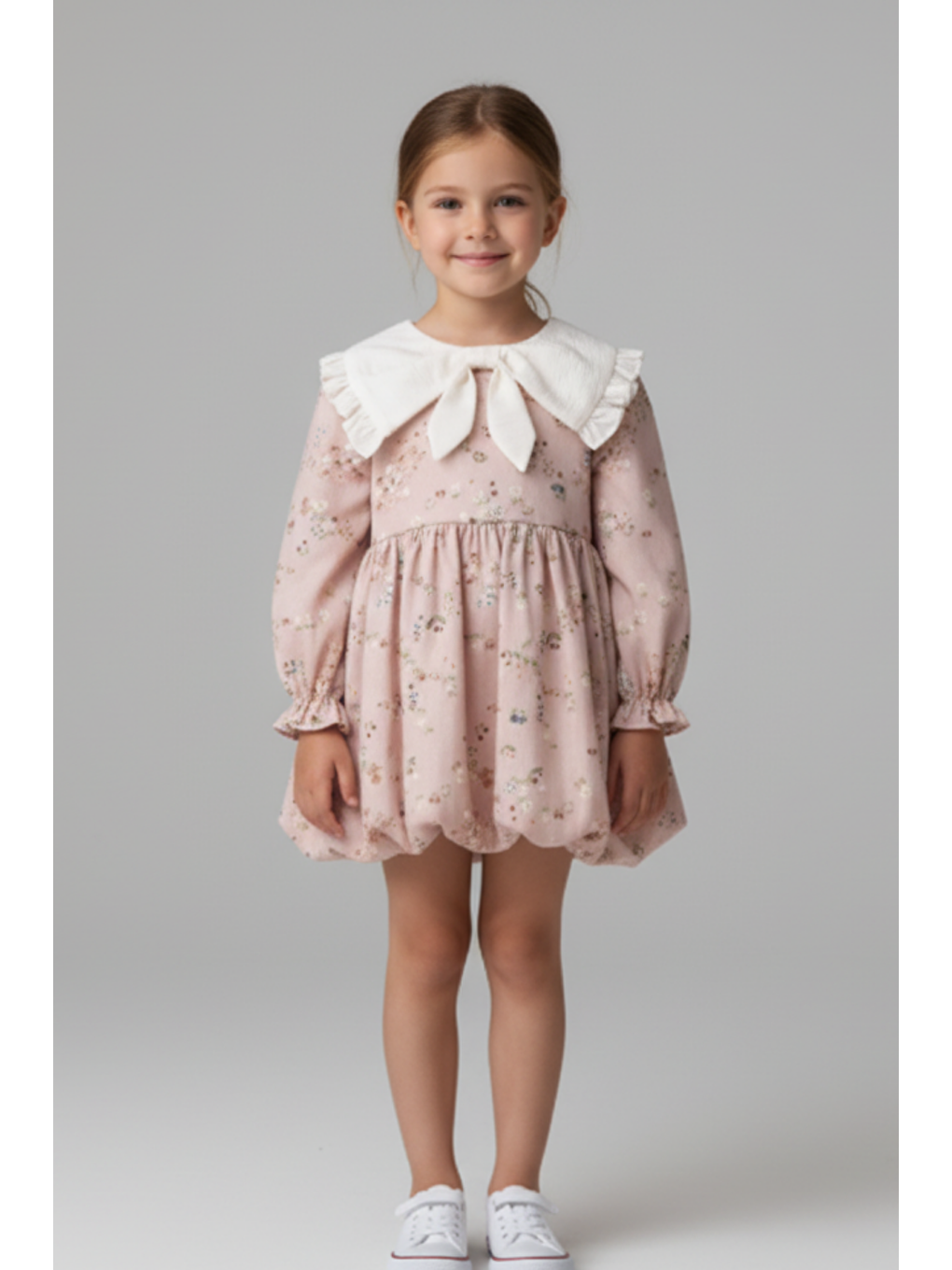 Karışık Kız Çocuk Pamuklu Pudra Çiçek Desenli Elbise - Fırfır Yaka, Uzun Kollu, Fiyonk Detaylı