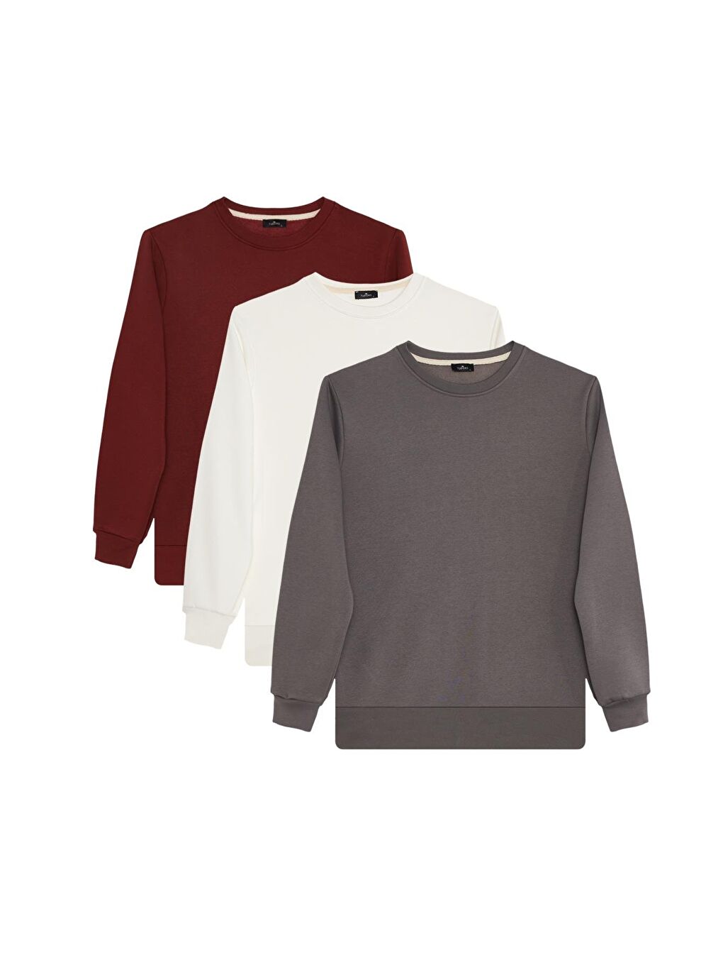 Karışık Unisex 3'Lü Paket Beyaz-Kiremit-Gri Relax Fit Pamuklu 3 İplik İçi Polarlı Bisiklet Yaka Sweatshirt