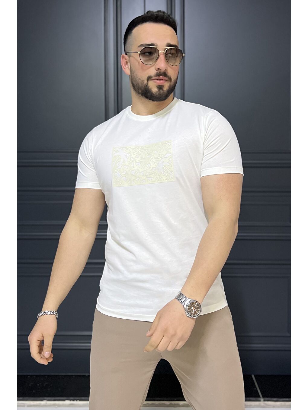 Ekru Erkek Bisiklet Yaka Baskılı Tişört