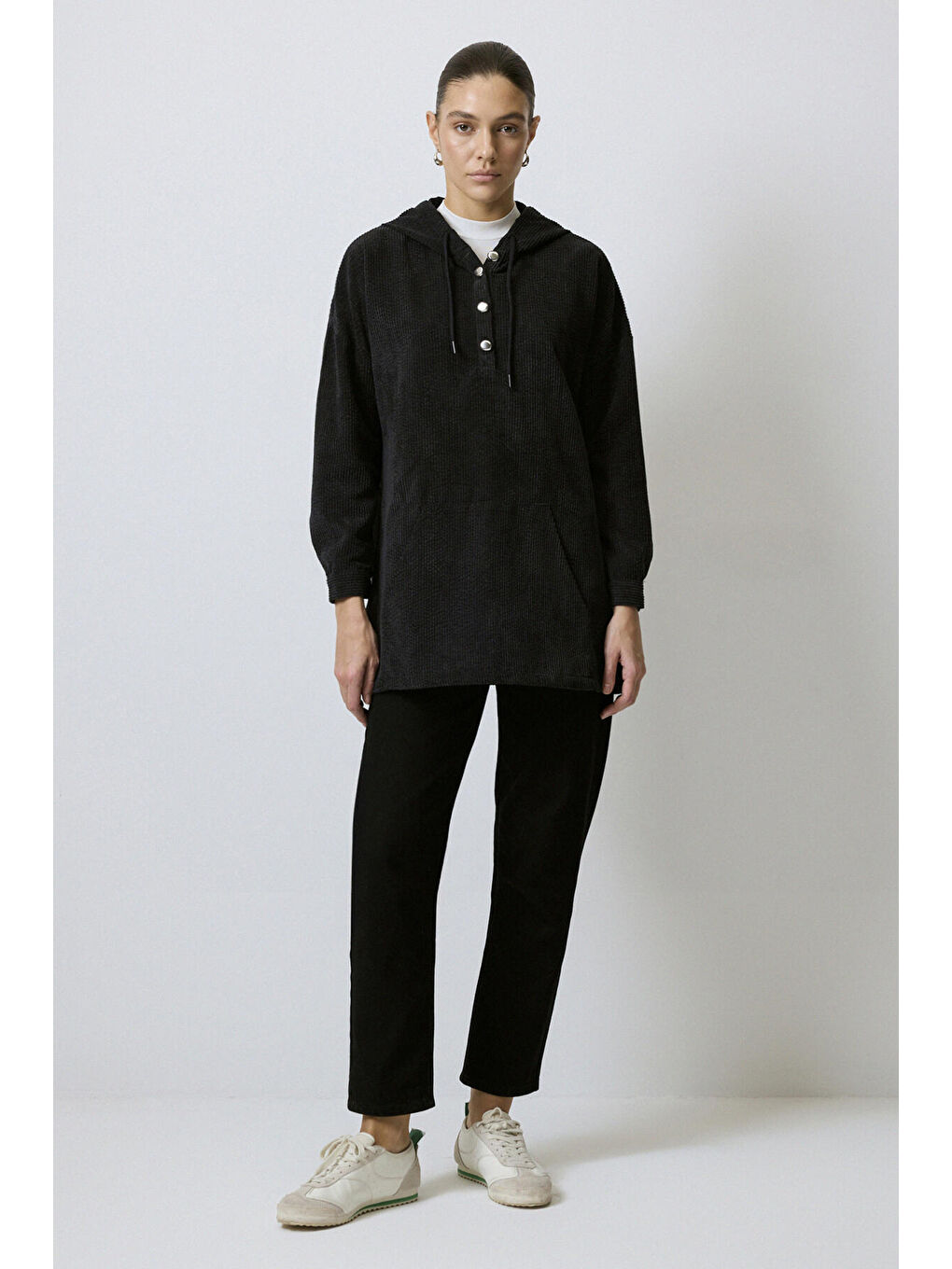 Antrasit Kapüşonlu Kadife Sweatshırt