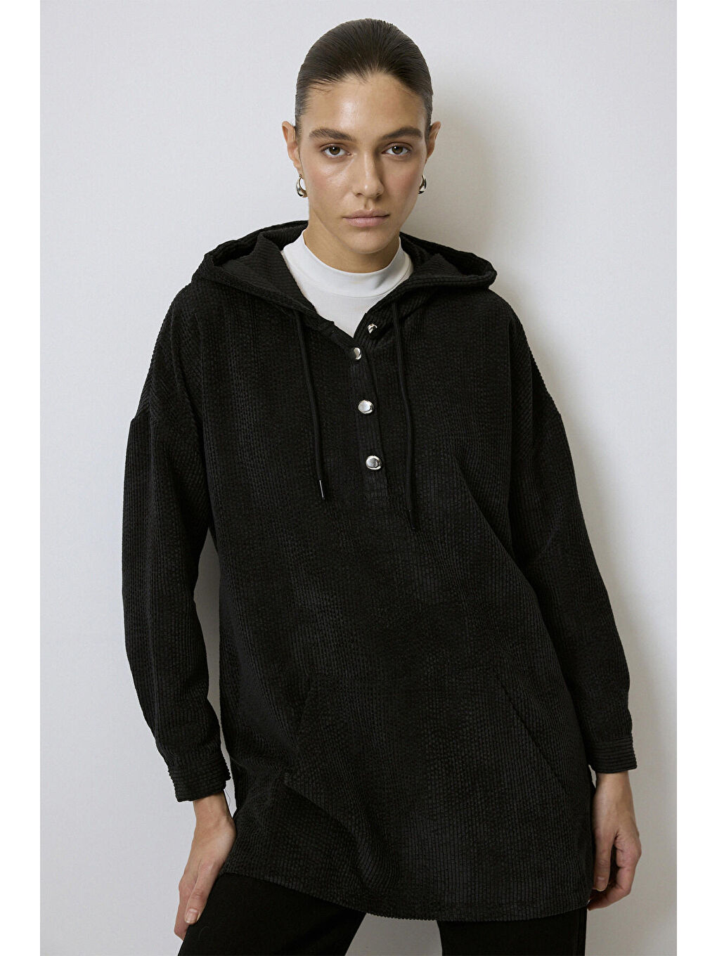 Antrasit Kapüşonlu Kadife Sweatshırt-1