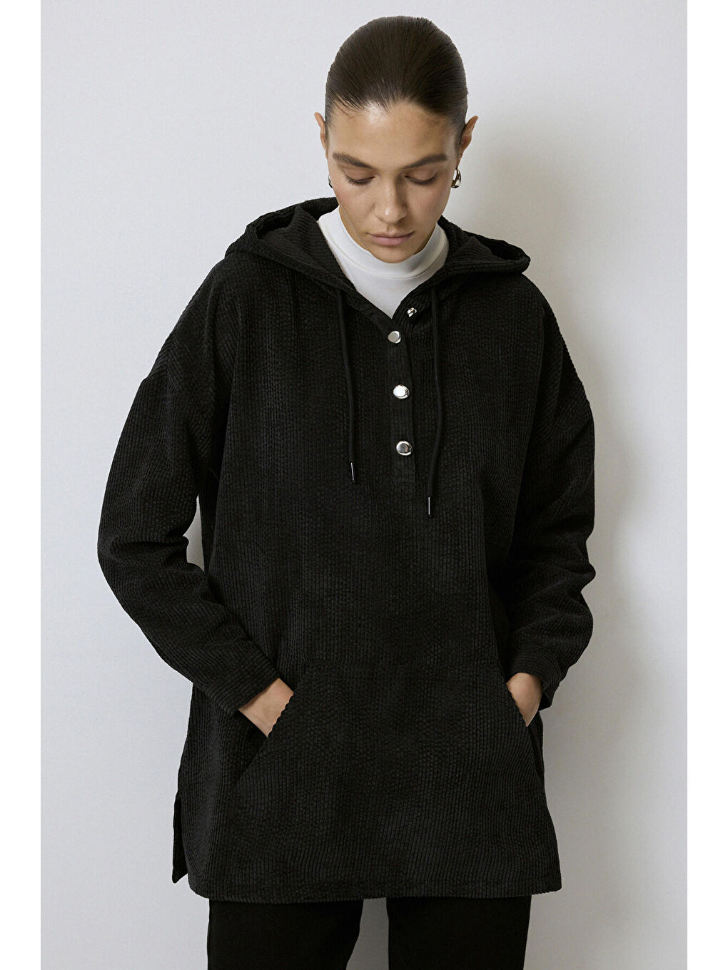 Antrasit Kapüşonlu Kadife Sweatshırt-2