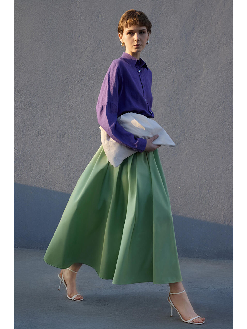 Yeşil Beli Büzgülü Tafta Etek