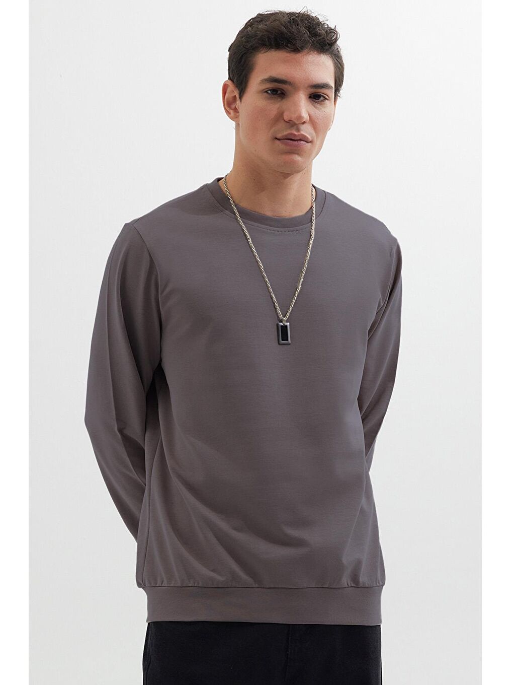 Erkek Relax Fit Rahat Kesim %100 Pamuk 2 İplik Bisiklet Yaka Koyu Gri Sweatshirt-4