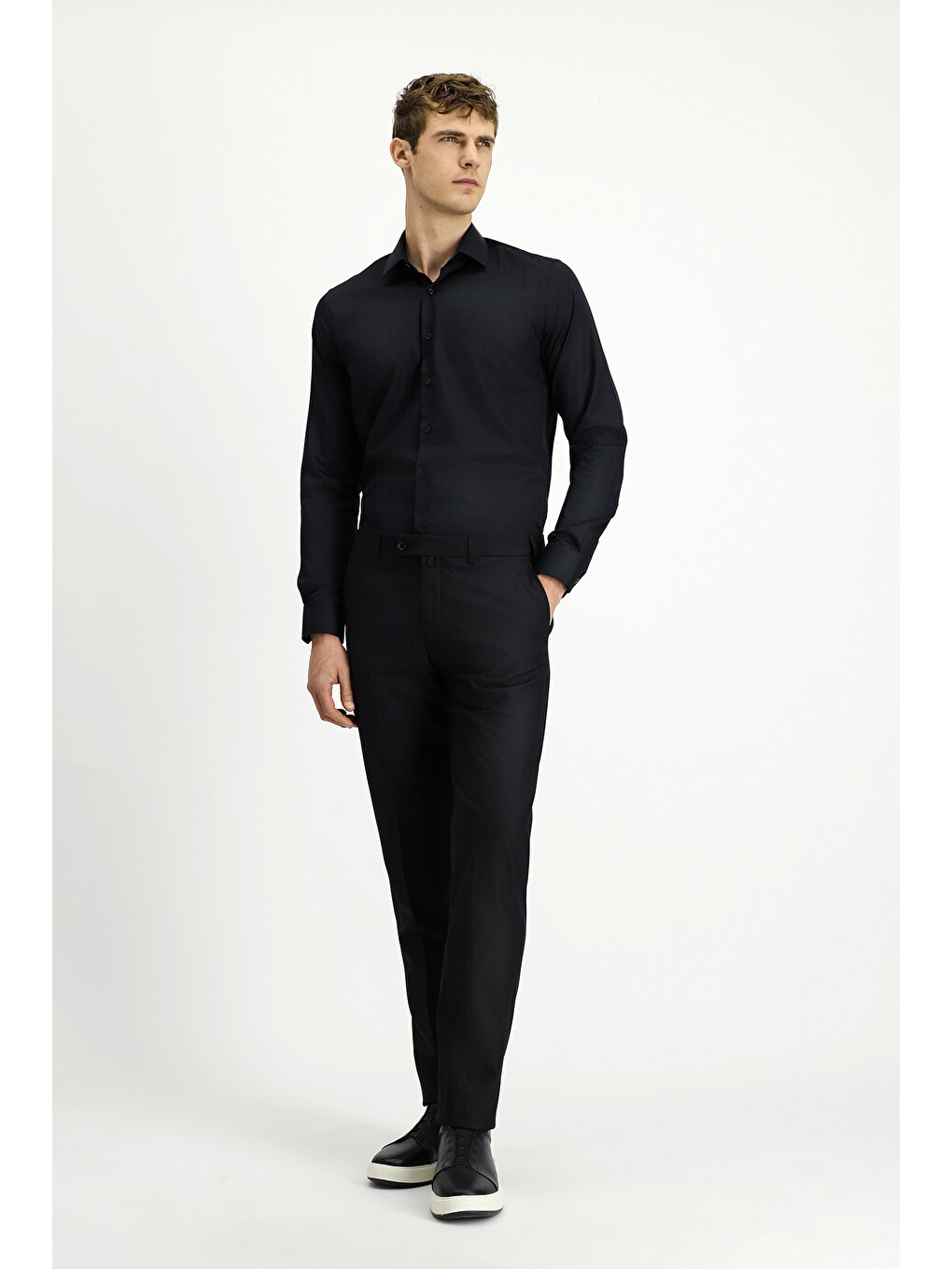 Siyah Slim Fit Dar Kesim Yünlü Klasik Kumaş Pantolon-2