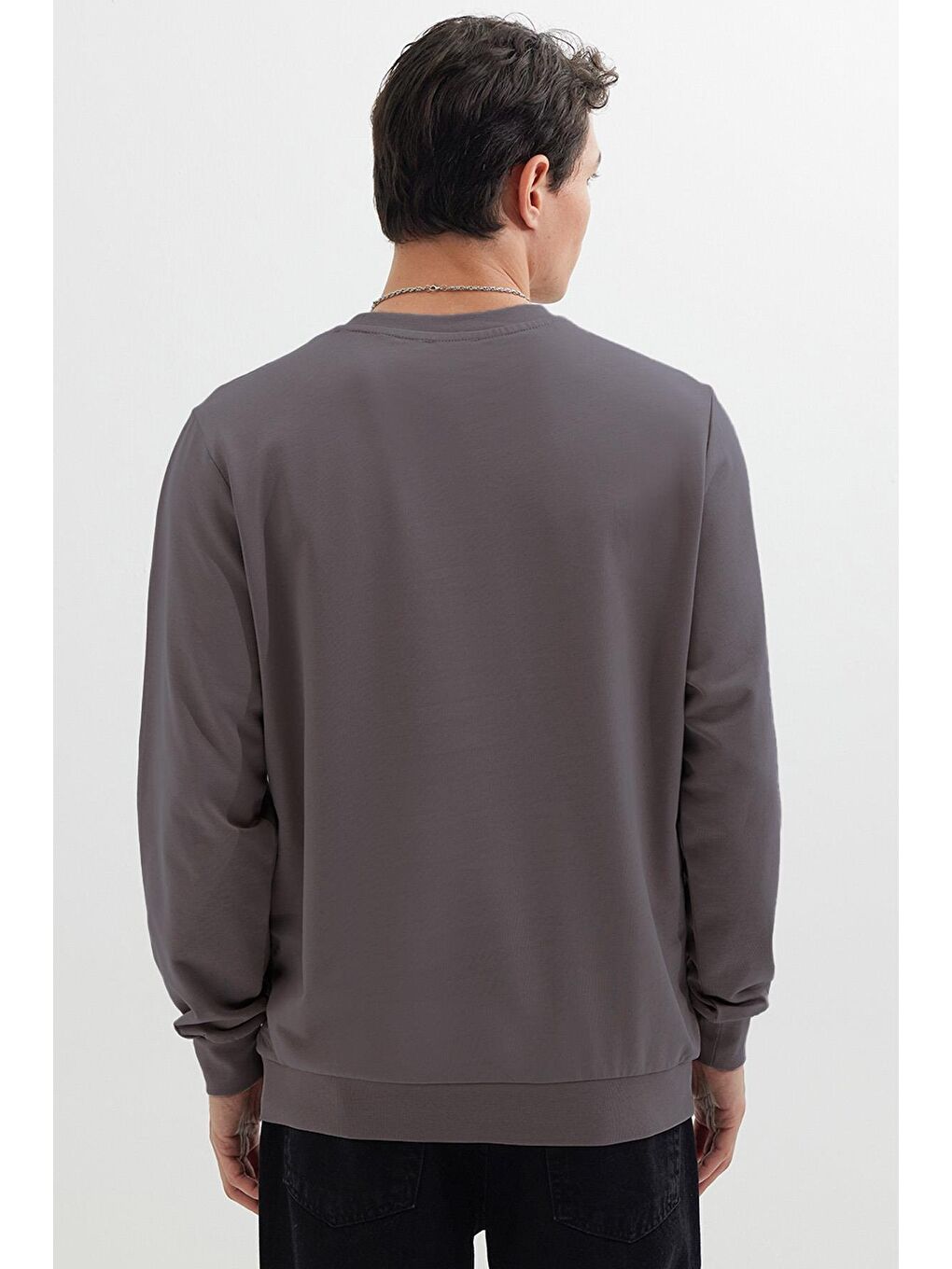 Erkek Relax Fit Rahat Kesim %100 Pamuk 2 İplik Bisiklet Yaka Koyu Gri Sweatshirt-5